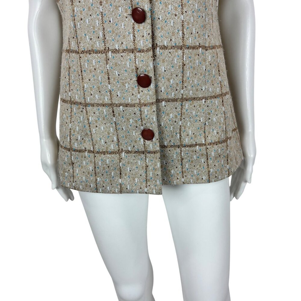 Vintage 70s Long Vest Women's Large Beige Polyester Blue Spotted Button Down Top - Picture 5 of 10